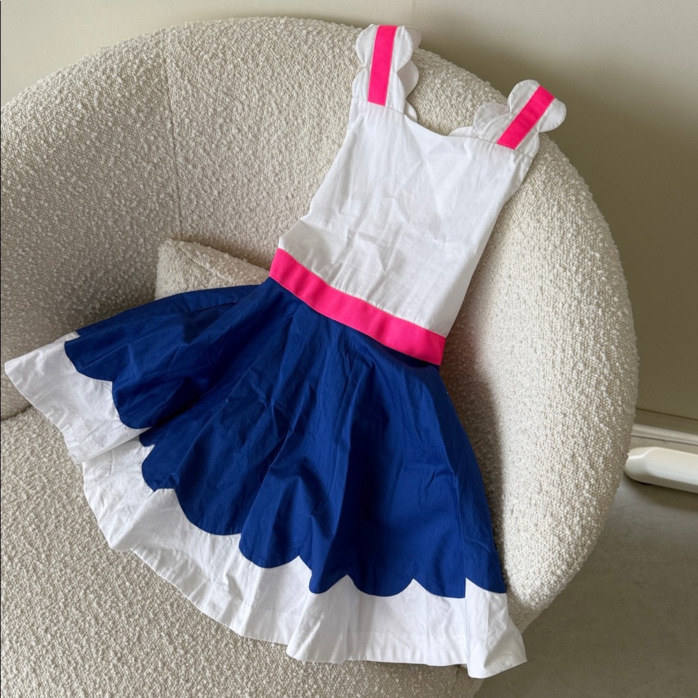 Jacadi White Navy & Hot Pink Scalloped Dress